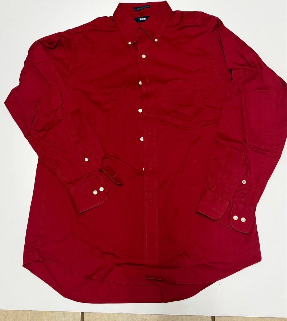 Izod Mens Size 16 34/35 L Red Twill Wrinkle Free Long Sleeve Shirt Regular.